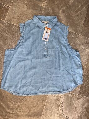 LOFT Blue ruffle light demon chambray Sleeveless 3/4 Button-Up Top NWT XXL